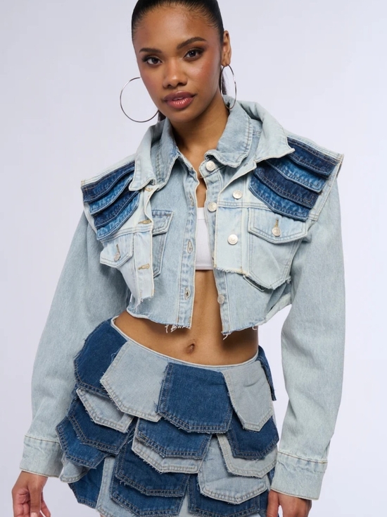 AKIRA Jackets & Blazers - AKIRA Light Blue & Dark Blue Patchwork Cropped Denim Jacket And Skirt Set